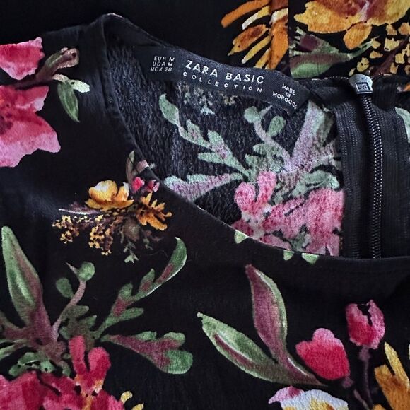 ZARA Floral Dress Black Long Sleeves Scoop Neck Shift Size Medium - Picture 7 of 9